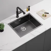 Edelstahl Küchenspüle 55 x 44 cm Spülbecken Küche, für  Edelstahlspüle ab 60er-Schrank, Flächenbündig, Unterbau oder Einbau, Schwarzgrau Spülen