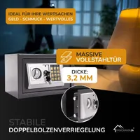 Elektronický trezor kombinovaný zámok 31x20x20cm LED dvojitá oceľová závora montážny materiál trezor na nábytok strieborno-sivá