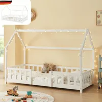 DELUKE® Kinderbett 90x200 cm LULO - Inkl. Lattenrost, Rausfallschutz | Einzelbett Hausbett Kinderzimmer Bodenbett Kinder Bett Klein Montessori Bett | Weiß