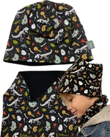 HECKBO Kinder Jungen Beanie Mütze & Loop-Schal Set Fleece Vlies - Mütze Wintermütze Dinosaurier Skelett - 2-8 Jahren - 95% Baumwolle - weiches & pflegeleichtes Stretch-Material