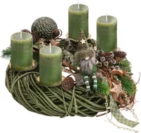 Dehner Adventskranz Wichtelwald, handgefertigt, mit 4 grünen Kerzen, Ø 35 cm, Höhe 25 cm, Naturmaterial / Kunststoff, dunkelgrün