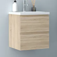 50 cm Badmöbel Set Unterschrank 2 Schubladen soft close Badezimmermöbel Selbstmontierter mit Weiß Mineralguss waschtisch Unterschrank mit Eiche Matt