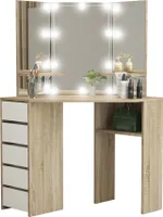 ML-Design toaletní stolek bílý-sonoma, toaletní stolek s LED osvětlením, 3 zrcadla, 5 zásuvek a 3 odkládací přihrádky, 110x141,5x54 cm, kosmetický stolek z MDF dřeva