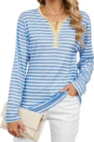 ASKSA Damen T-Shirt V Ausschnitt Knopf Gestreift Langarmshirts Basic Laessig Bluse Elegant Lose Oberteile (Blau,S)