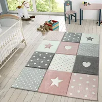 TT Home Teppich Kinderzimmer Kinderteppich Sterne Herz Punkte Kurzflor Pastell Größe 133 cm Quadrat