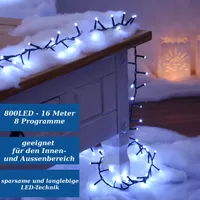 800 LED Lichterkette kaltweiß mit Timer und 8 Programmen 16m für innen und aussen