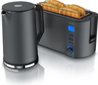 Arendo 2-teiliges Frühstücks-Set, Langschlitztoaster 4 Scheiben & Edelstahl Wasserkocher 1,5L, Grau