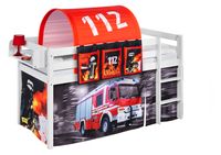 Spielbett JELLE Feuerwehr - &  - Weiß - Hochbett mit Vorhang und Lattenrost - LILOKIDS