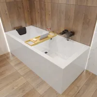 Badewanne Rechteck Set 5in1 165x75 mit Premium Ablaufgarnitur und Füßen GRATIS + Verkleidung (AcrylSchürze) + Bambus Holzablage | BADLAND QUADRO