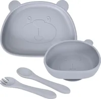 Kinderteller Set Silikon Baby Teller und Schale mit Saugnapf Grau Bär Rutschfestes Babygeschirr mit Löffel Gabel 4 Teiliges Geschirrset für Kleinkinder Mädchen Jungen Selbstfütterung
