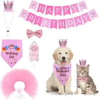 Pet Party Supplies Hund Tutu Rock Bandana Krone Katze Geburtstagskostüm Stirnband Dekorationsset Rosa 6 Anzug