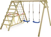 WICKEY Kinderschaukel Schaukelgestell Smart Hike , Schaukel mit Kletteranbau und Schwebebalken, Doppelschaukel, Holzschaukel - blau