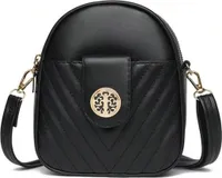 Schwarze Handytasche aus Leder, geräumige Umhängetasche, gesteppte Tasche