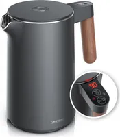 Arendo Wasserkocher Edelstahl 1,5L , Doppelwand, Temperatureinstellung 40° - 100°C mit Anzeige, 2200W, Warmhaltefunktion, Griff in Holzoptik, BPA-frei