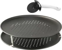 Zenker Pizzaset 3-teilig, Pizzableche & Pizzaschneider, Pizzablech rund (Ø 32 cm) gelocht, inkl. Pizzaschneider und Halter, für Pizza & Flammkuchen