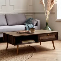 sweeek - Couchtisch mit Rohrgeflecht 110 x 59 x 39 cm - Dunkles Holz