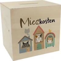 Katzen Spardose aus Holz mit Spruch Miezkosten