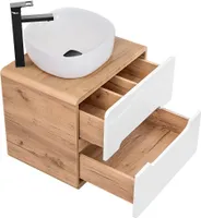 Waschtischunterschrank 60 cm mit 42 cm Aufsatzbecken LUTON-56 Hochglanz weiß mit Wotan Eiche Nb., B/H/T ca. 60/68/46 cm