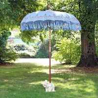 Sonnenschirm Bali Schirm 180 cm Hellblau Gold Bemalung Fransen Gartenschirm Baumwolle Sonnenschutz Handarbeit Dekoschirm Model Sophie