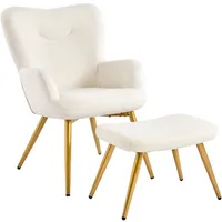 Yaheetech Relaxsessel Ohrensessel mit Fußhocker, aus Bouclé-Gewebe, Klappbare Rückenlehne, Weiß/Cremeweiß