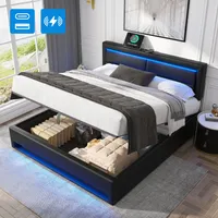MODFU Boxspringbett Hydraulisches 160 x 200 cm mit LED-Beleuchtung, Polsterbett Funktionelles mit USB-Ladeanschluss(unterstützt kabelloses und kabelgebundenes Laden), Stauraumbett mit Bettkasten Stauraum, PolyurethanSchwarz(Ohne Matratze)