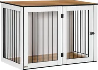 PawHut klecový nábytek pro psy, přepravka pro psy s dvířky a oknem, boční stolek pro domácnost, psí bouda pro velké psy do 30 kg, ocel, 106 x 60 x 76 cm, dub+bílá