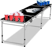 TWOLIIN Beer Pong set - včetně 5 míčků a 100 kelímků (50 červených a 50 modrých), skládací, z hliníku, výškově nastavitelný, pro párty a hry, černý