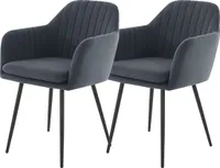 Hela  Tische, 2er Set Armlehnstuhl Sessel MILA - Microfaser Samt Grau - Streifensteppung - gepolsterte Sitzschale -Metallfüße Schwarz -120kg belastbar
