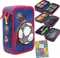 Federtasche 3-fache Federmappe Colorino Football Fußball Federmäppchen 46-teilig gefüllte Schüleretui Stifte und Pinsel inkl. Aufgabenheft Federbox Etui Stiftetasche Schlamper-Etui Schul-Etui
