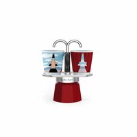 Bialetti Mini Express Magritte, Moka-Set 2 Tassen (80 ml) + 2 Gläser, Rot, Aluminium