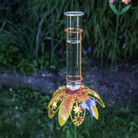 LED Solar Regenmesser mit Blume und Libelle - Gartenstecker - H: 84cm - Lichtsensor - orange, grün