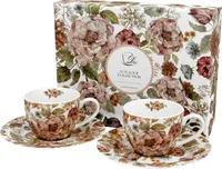 DUO FLORAL 2er-Set Espressotassen 90 ml PASTEL FLOWERS mit Untertassen, New Bone China Porzellan