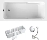 VBChome Badewanne 170 x 70 cm Weiß Acryl SET Wannenträger Siphon Wanne Rechteck Design Modern Styroporträger Ablaufgarnitur in Chrom Viega Simplex