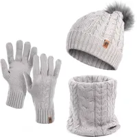 Damen Wintermütze Schlauchschal Handschuhe 3 teiliges Set | Warme Winter Mütze Schal Winterhandschuhe Beanie gefüttert grau