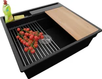 Spülbecken Schwarz 58x53 cm, Granitspüle + Ablauf-Set + aufrollbare Abtropffläche,, Küchenspüle für 60er Unterschrank, Einbauspüle von Primagran