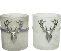 Teelichthalter Glas mit Hirsch 10cm weiß / grau, 1 Stück sortiert