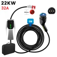 Kabel do ładowania JUNSUN typu 2 CEE32A 22kW [3-fazowy, 5m, 6-32A], ładowarka EV ze sterowanym wyświetlaczem cyfrowym do samochodu elektrycznego