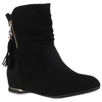 VAN HILL Damen Schlupfstiefeletten Stiefeletten Keilabsatz Quasten Schuhe 837871, Farbe: Schwarz, Größe: 37