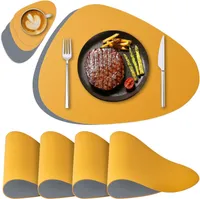 4er Set Platzset Tischsets und Untersetzer aus Leder Grau-Gelb, Rutschfeste Unterseite, abwaschbare runde doppelseitige
