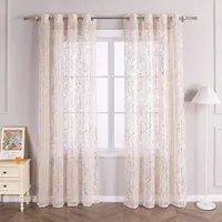 Joyswahl Vorhang mit Ösen Voile Gardinen mit glänzendem Zweigdruck Transparent Ösenschal Schlafzimmer Wohnzimmer HxB 225x140 cm Gold 1 Stück