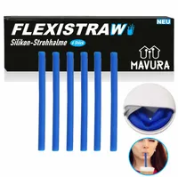 FLEXISTRAW Trinkhalme Silikon Strohhalme mit Aufbewahrungsdose Strohhalm XXL Trinkhalm Set Blau wiederverwendbar 24cm [6er Set]