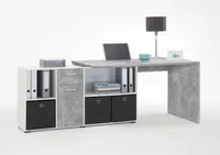 FMD furniture Winkelschreibtisch in Beton / weiß Tisch 136 x 75 x 68 cm, Regal 137 x 71 x 33 cm Computertisch für Gaming, Büro oder Arbeitszimmer
