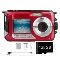 Digitální fotoaparát Fotoaparát 2,7K Full HD 48MP 16X digitální zoom Selfie Dvojitá obrazovkaNabíjecí podvodní fotoaparát s 128G kartou pro šnorchlování Červený