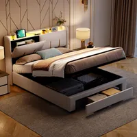 UnboxG Polsterbett 140x200cm mit Ladefunktion (USB&Typ-c), Schubladen, Jugendbett Doppelbett  mit Lattenrost und Stauraum, Stauraumbett mit LED, Samt, Beige