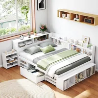 MODFU Kinderbett Schlafsofas Holzbett 140x200cm mit Schubladen und Lattenrost, Jugendbett mit Bücherregal und Stauschrank, großer Stauraum, weiß