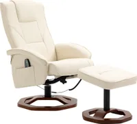 HOMCOM Massagesessel Relaxliege mit Fußhocker Relaxsessel Liegefunktion Fernsehsessel Liegesessel mit Massagefunktion 360° drehbar Kunstleder Stahl Cremeweiß+Braun 73 x 83 x 106 cm
