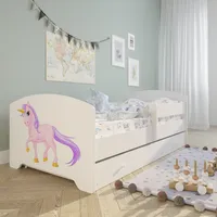 Kinderbett 160x80 cm mit Matratze und Schublade, Rausfallschutz & Lattenrost weiß mit Einhorn Motiv