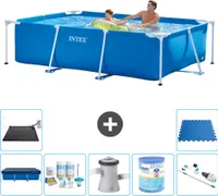 Bazén Intex s obdélníkovým rámem - 260 x 160 x 65 cm - modrý - včetně krytu - balíček pro údržbu - filtrační čerpadlo pro bazén - filtr - vysavač - solární podložka