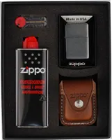 Zippo Geschenk Set, Zippo Chrom, 125ml Feuerzeugbenzin, Ledertasche braun/clip, Feuersteine