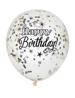 Zestaw balonów urodzinowych Happy Birthday z konfetti biało-srebrno-czarny
